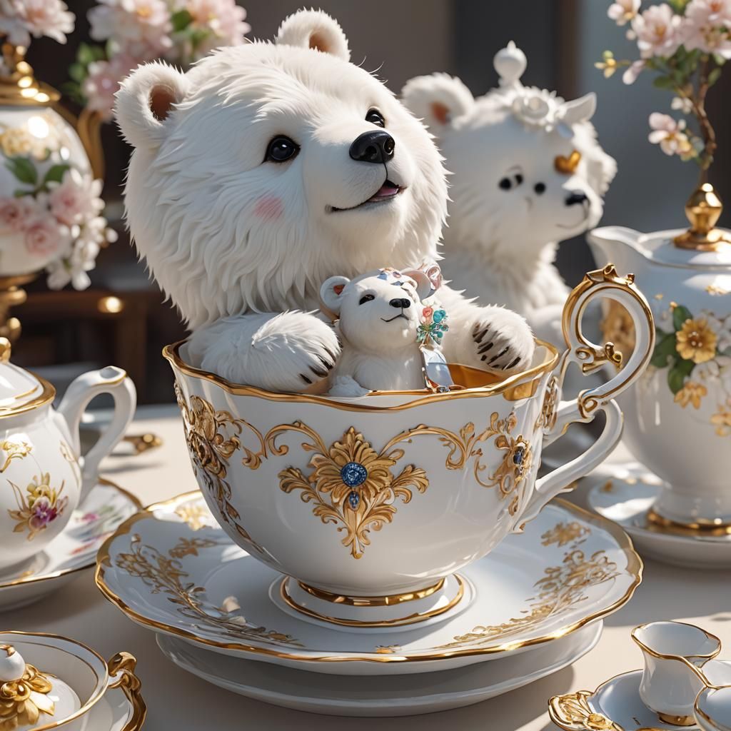 Cute White Bear in Teacup: 3D Anime Art