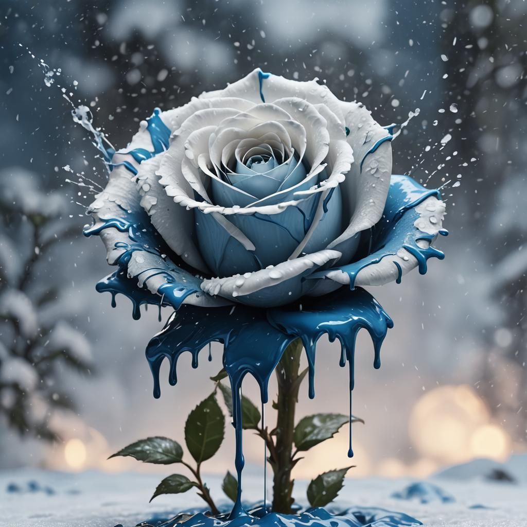 Blue Paint Splattered on White Rose: Fantasy Art