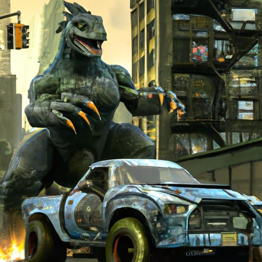 Godzilla driving a 1950 Chevy Pickup in New York City