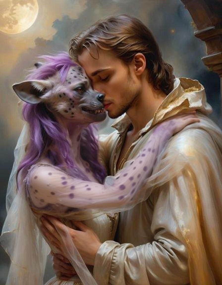 Romantic Embrace: Man and Furry She-Hyena