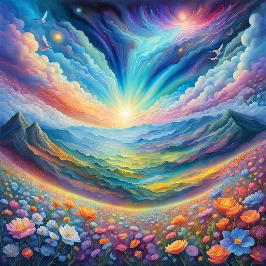 Cosmic Valley of Iridescent Flowers: Panoramic Illustration