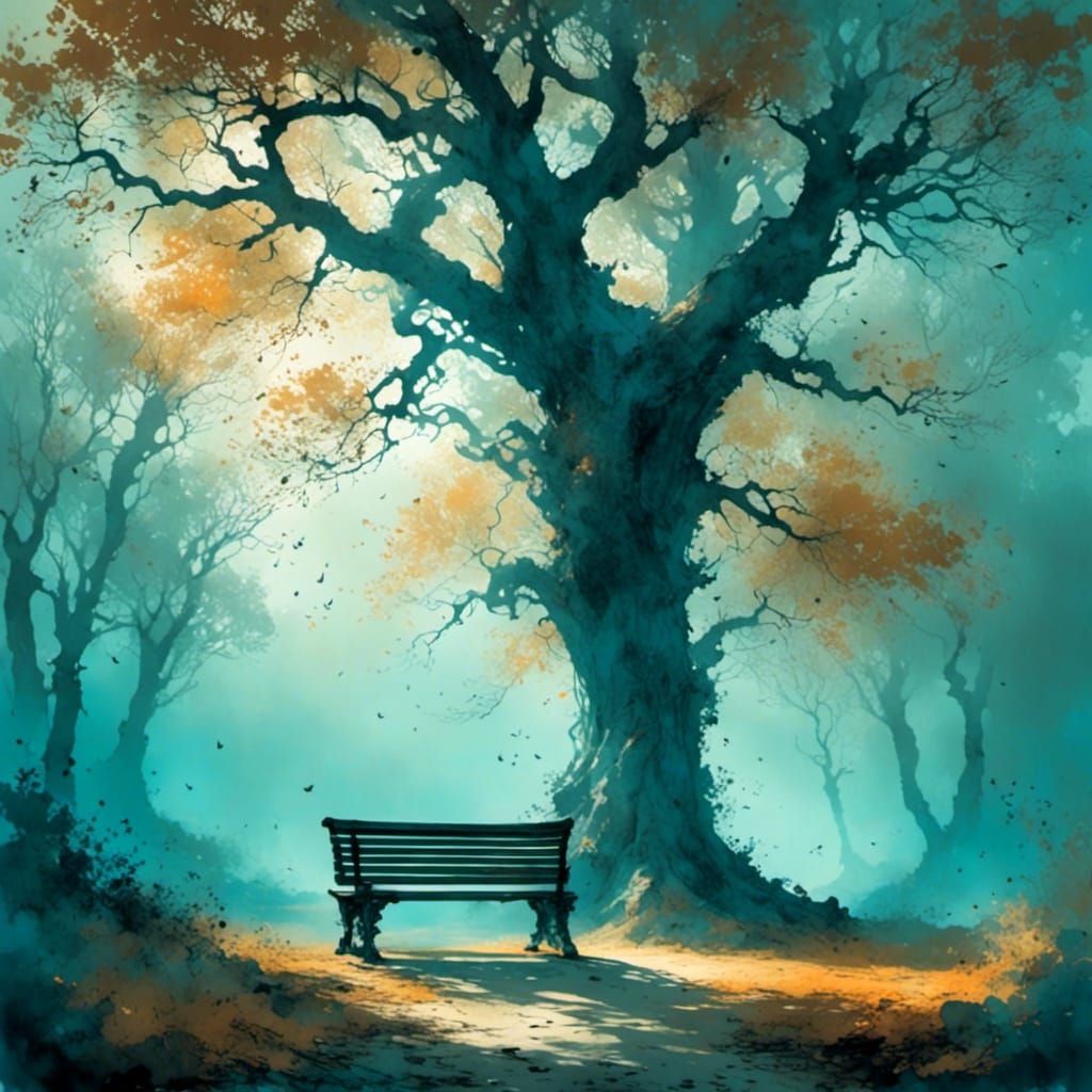 Serene Park Bench in a Fantastical Setting