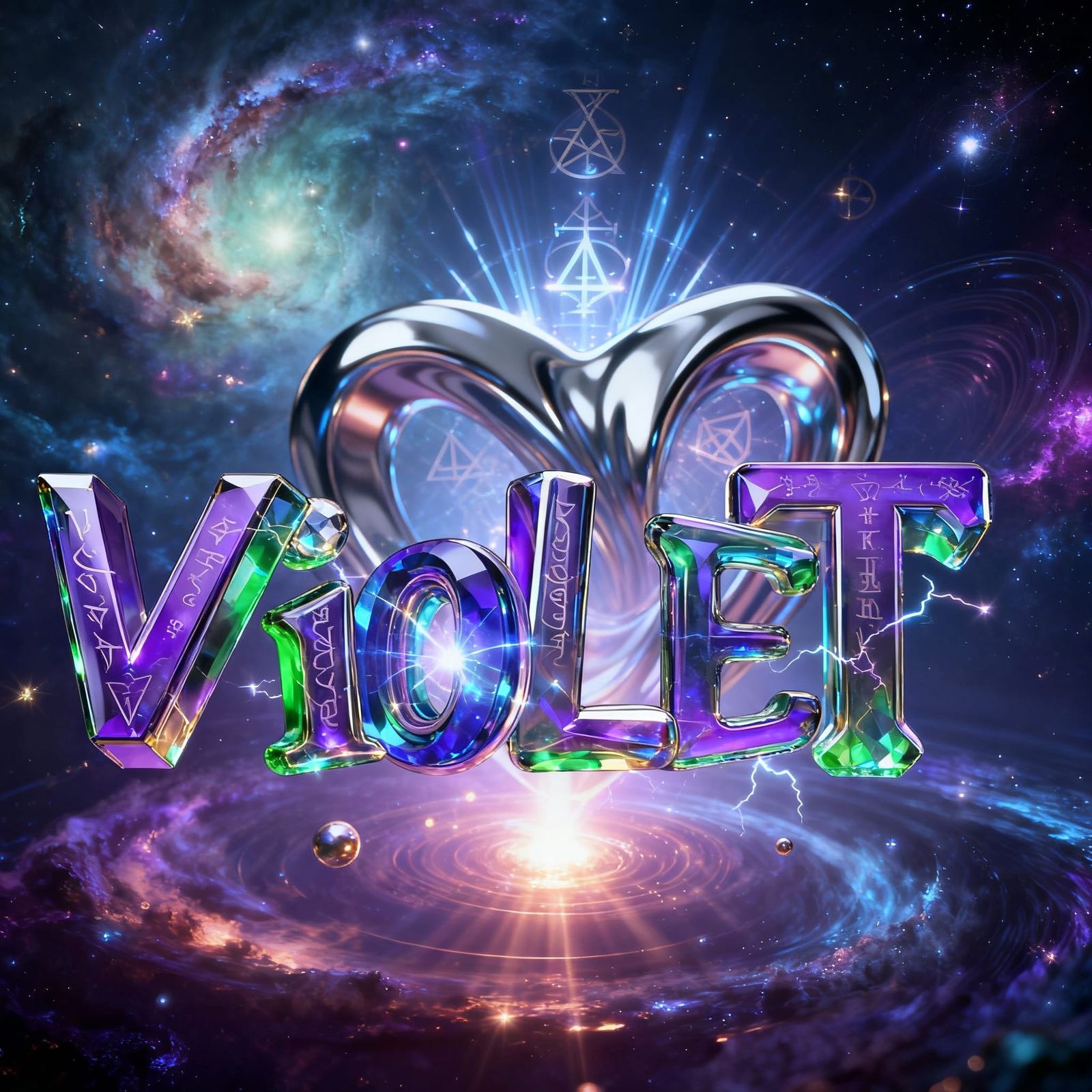 Cosmic Typography: Violet in Ultra-3D Crystal and Chrome