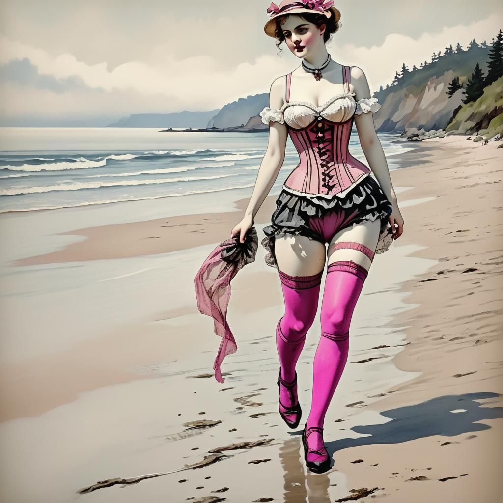 Lady on Summer Beach in Grotesque Ink Art