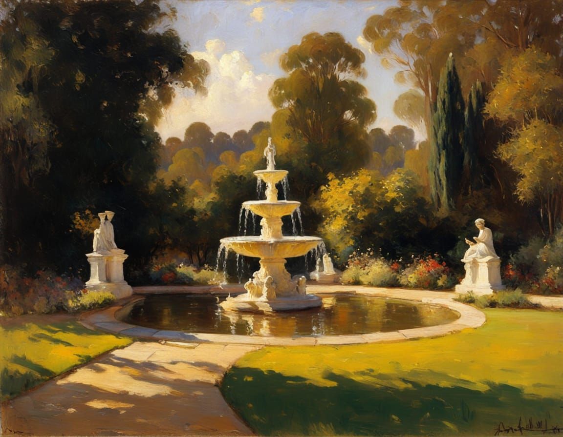 Elegant Garden with Fountain in Pictorial Style