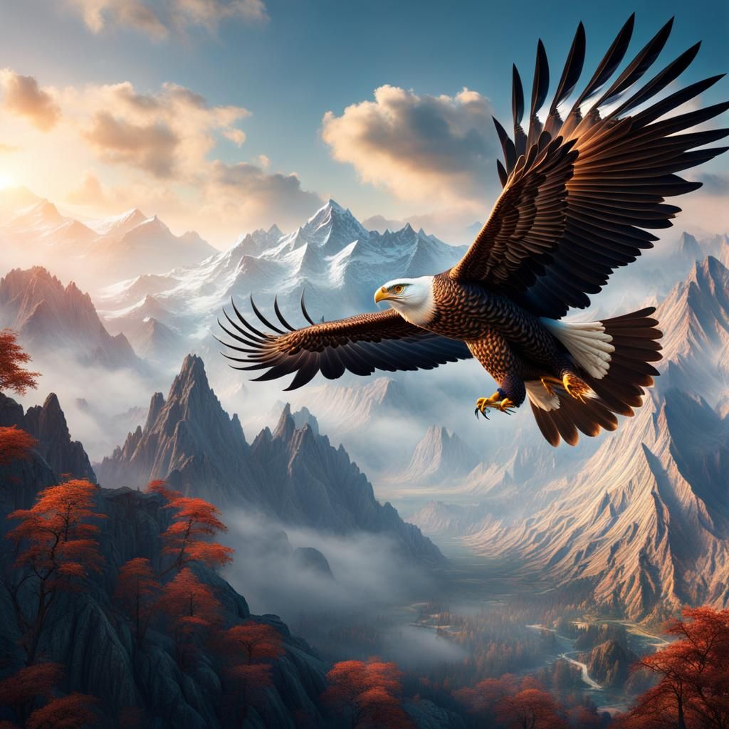 A king eagle flyin high in the sky with mountains in the vie...