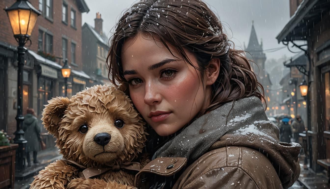 Teddy Bear Hug Portrait in Surreal Ink Art Style