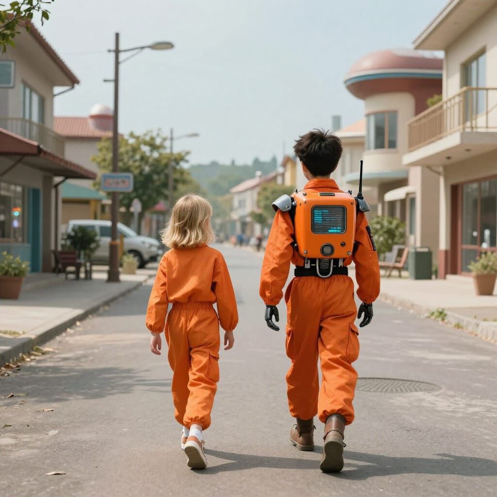 Retro-Futuristic Town Scene with Children and Robot