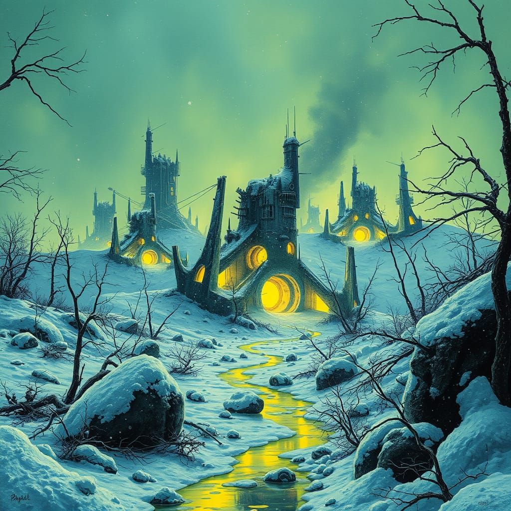 Surrealistic, ultra-detailed, ultra realistic 8k, 4d, ink and oil picture of a Nuclear Winter Kingdom, frozen over and g...