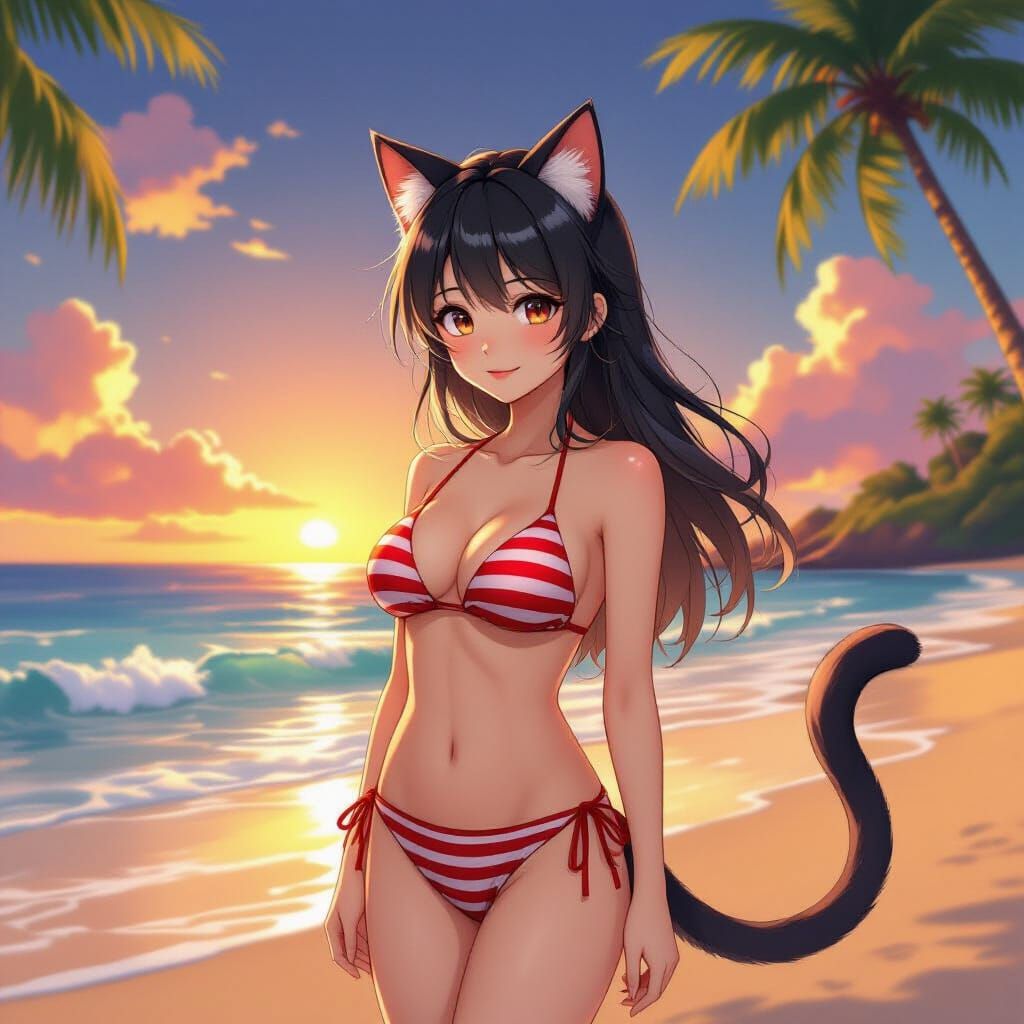 Nekomata Woman in Bikini on Tropical Beach at Sunset