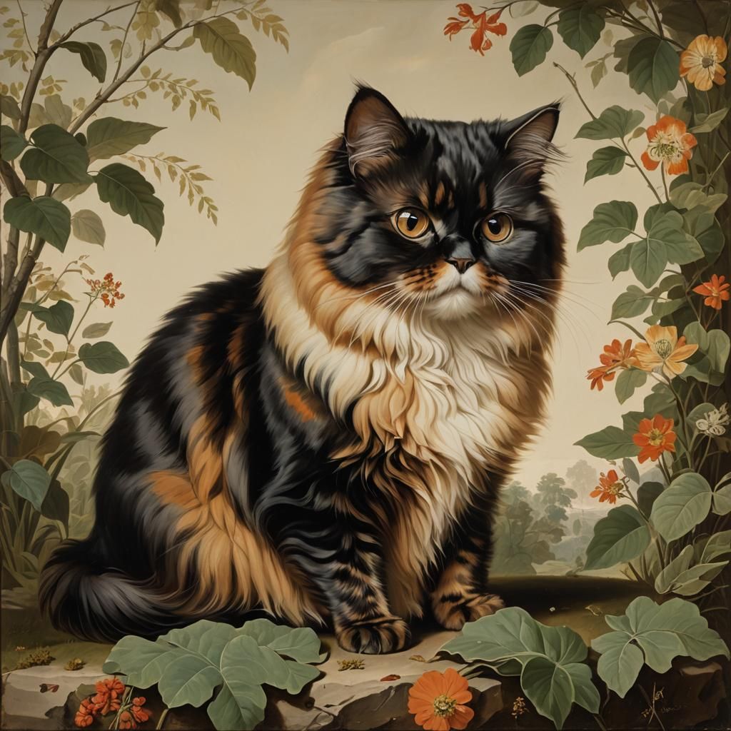 oil painting of a tortoiseshell Persian cat