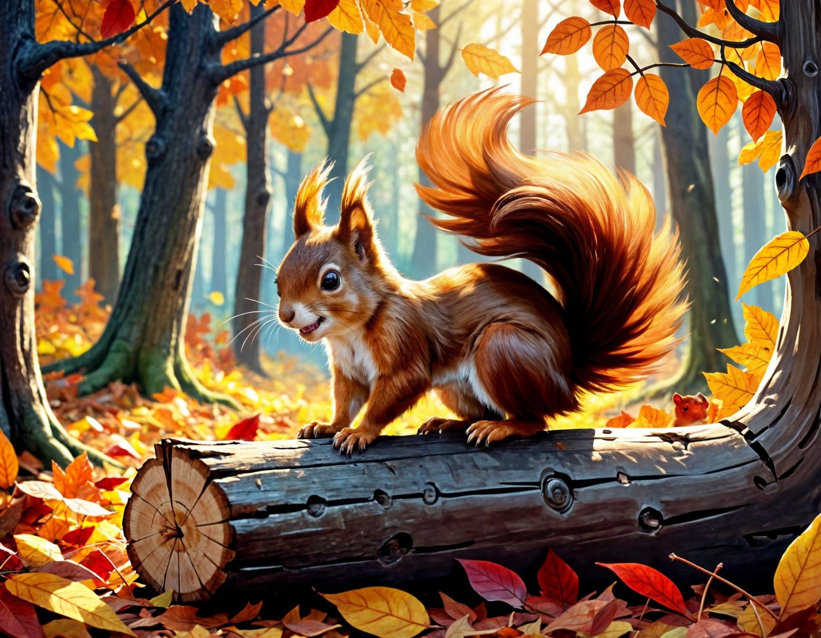 Mischievous Squirrel in Autumn Forest Storybook Illustration
