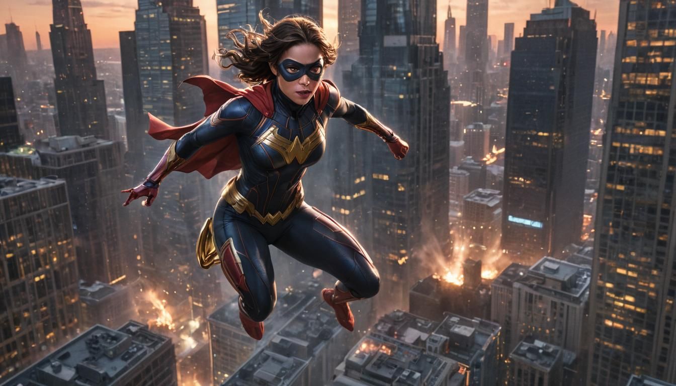 Superhero Woman Unleashing Energy in Neon Cityscape