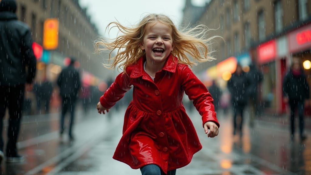 Girl in Red Dress Runs Laughing in Edinburgh Rain