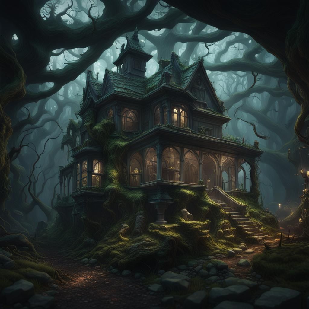 Haunted Forest Terrarium in Gothic House, Dark Fantasy Art