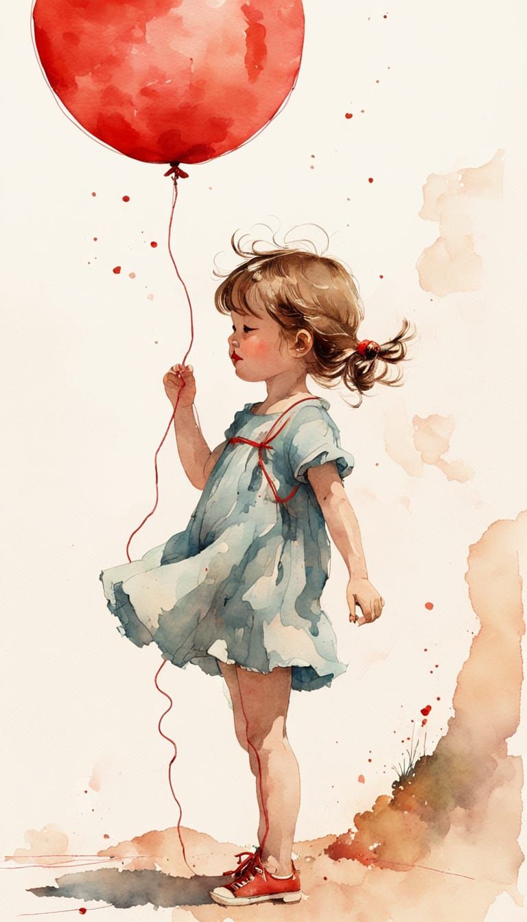 Child with Red Balloon: Watercolour Art