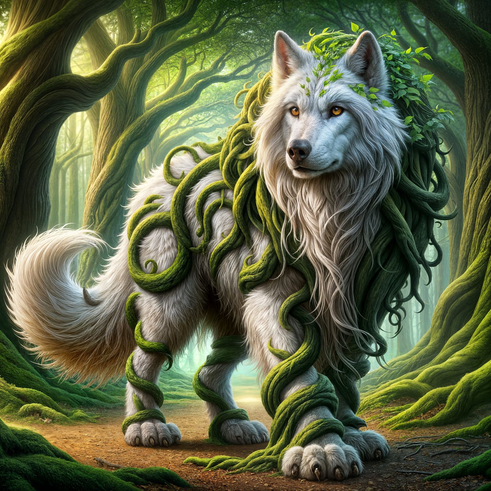 Majestic White Wolf with Vines in Mystical Forest