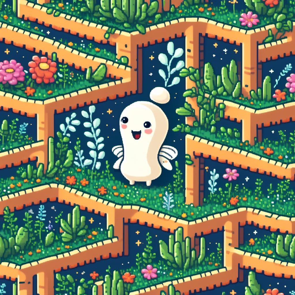 Potworm Navigating Maze of Adorable Happy Plants