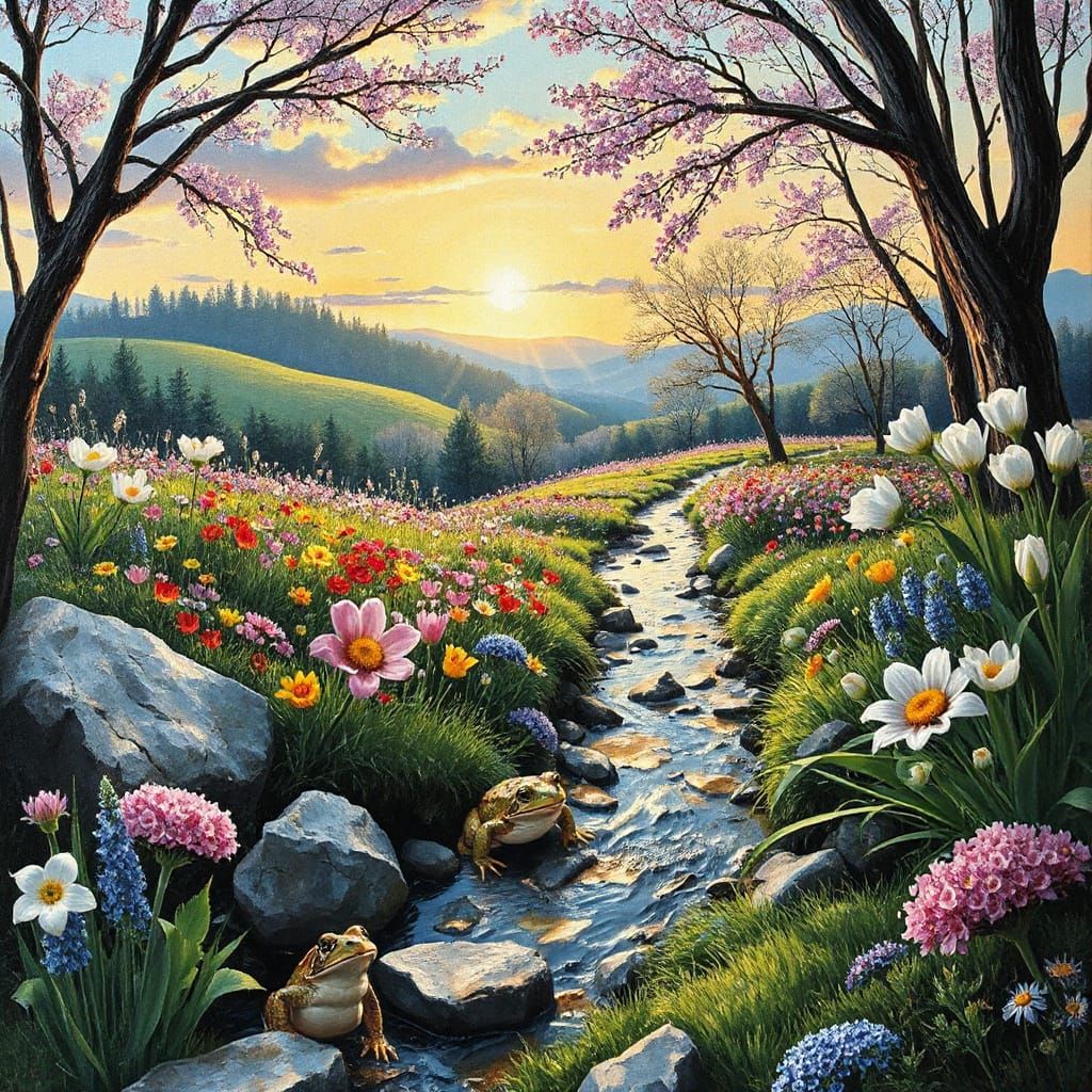 Vibrant Spring Meadow in Neo-Impressionist Style