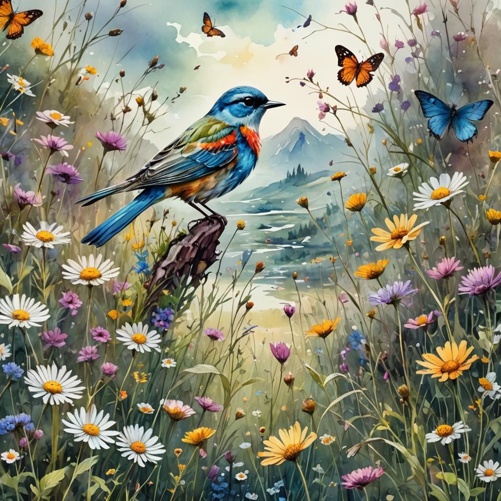 Fantasy Bird in Wildflower Meadow, Digital Watercolor Art