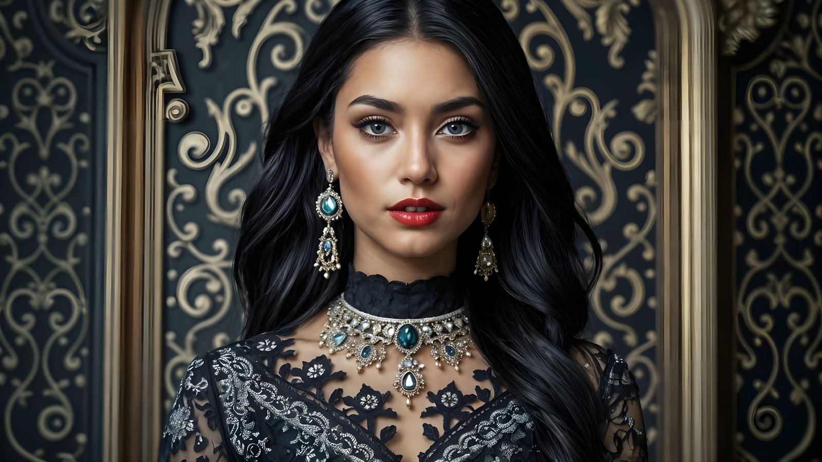 Elegant Woman with Dark Features and Regal Backdrop