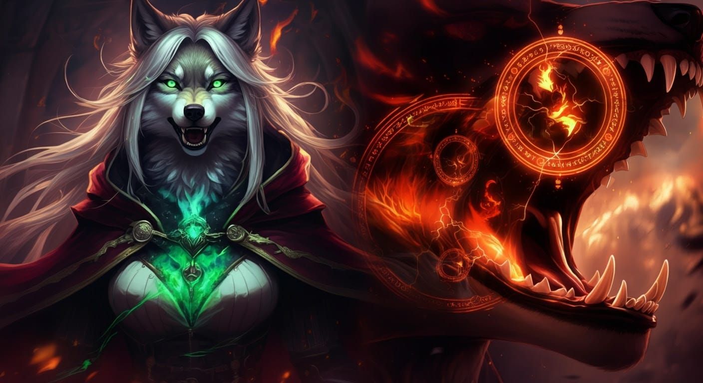 Magic Wolf Woman in High Fantasy Anime Style