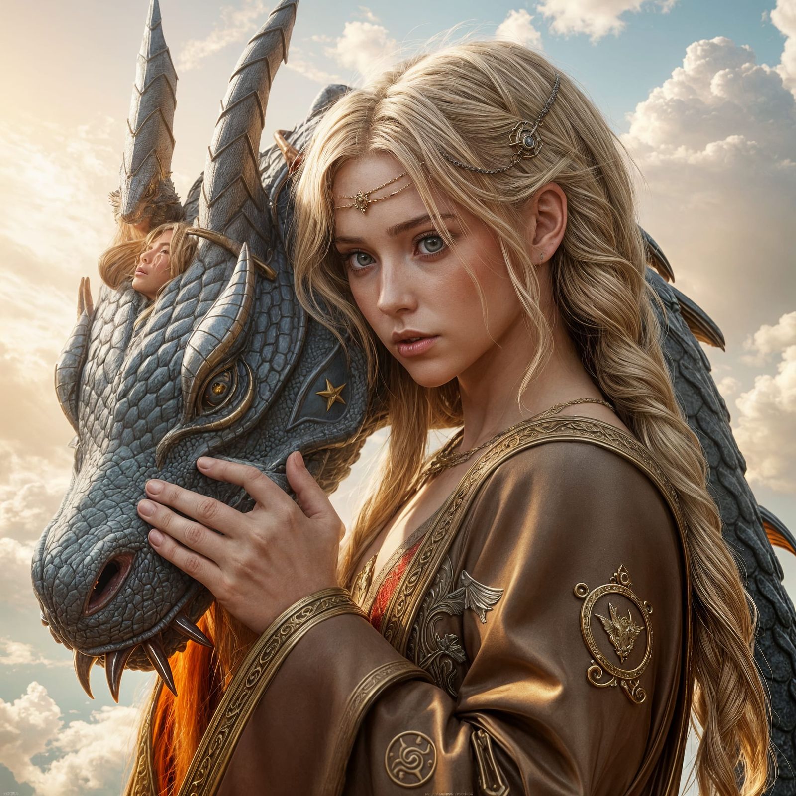 Blonde Girl and Dragon in Fantasy World