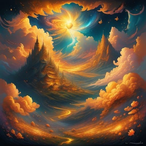 Ethereal Celestial Heart Cloud Landscape with Lotus Flowers