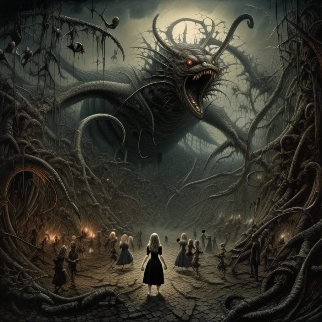 Alice Battles Jabberwocky in Dark Fantasy Realm