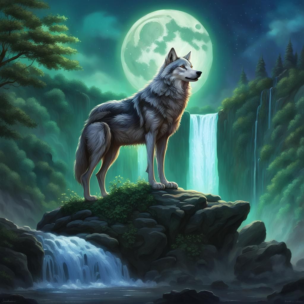 a majestic wolf perched atop a rocky outcrop with a waterfal...