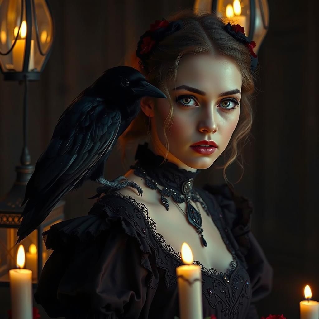 Victorian Woman with Raven in Ethereal Light