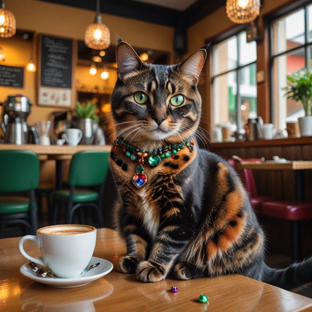 Tortoiseshell Cat Sips Coffee in Cozy Cafe