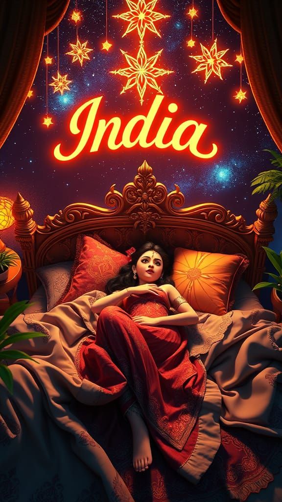 Girl in Bed with Glowing Stars: 3D Rendered Art