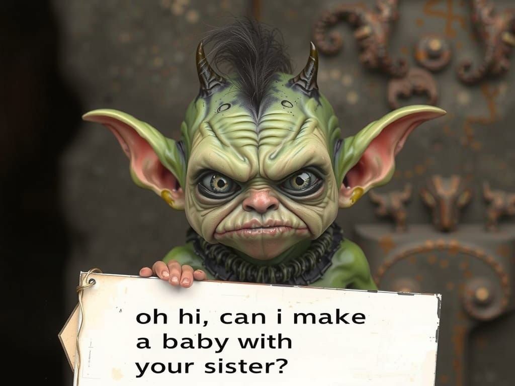 Grumpy Goblin Holds Funny Sign
