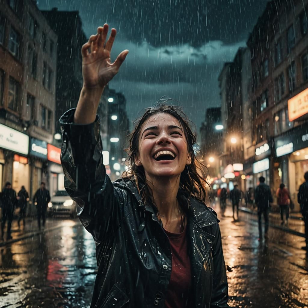 Joyful CGI Girl Laughing in Rainy City Night