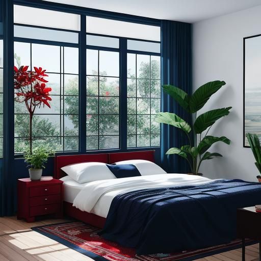 Modern Red and Blue Bedroom with Plants