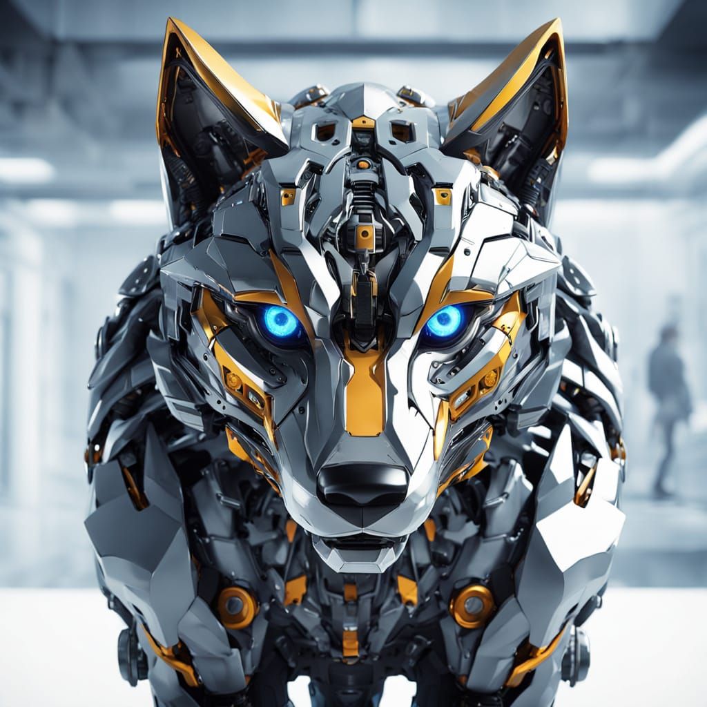 Cyberpunk Anime-Style Mechanical Wolf in Futuristic Setting