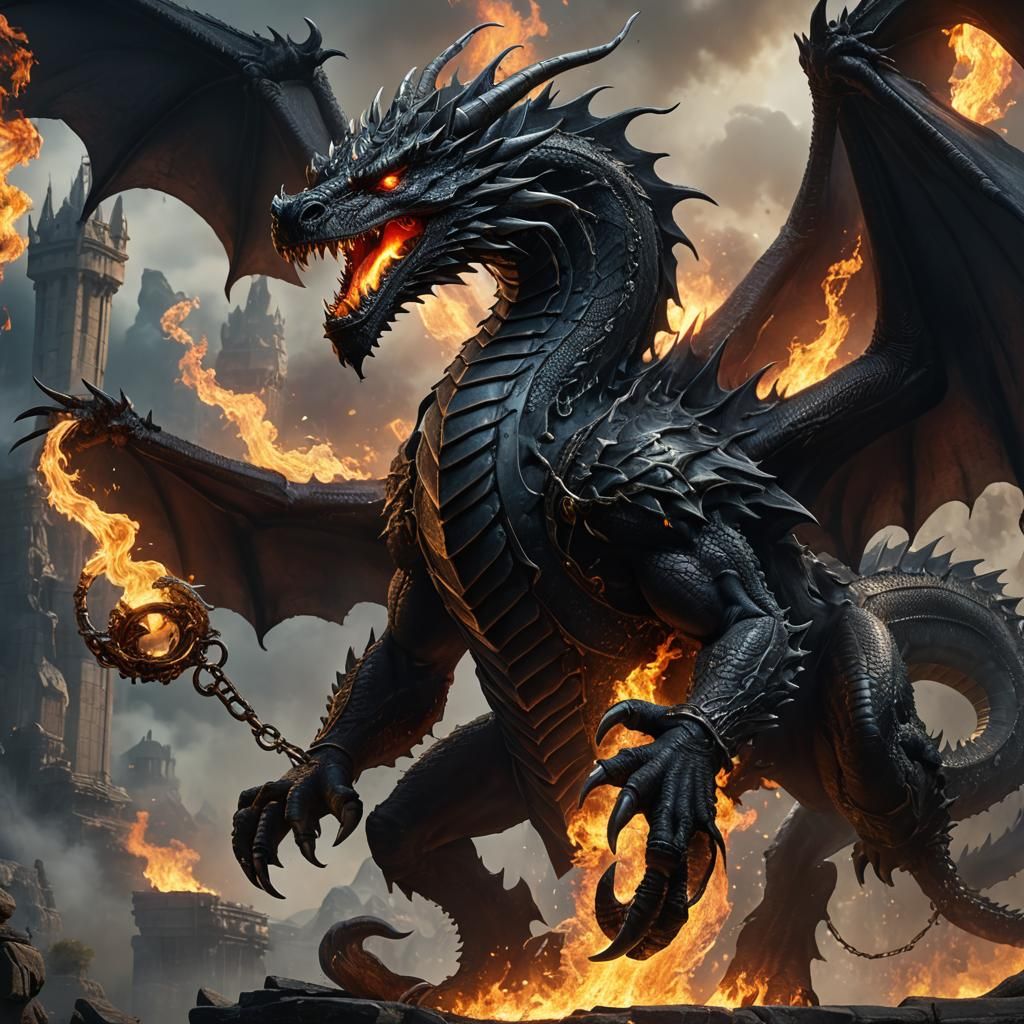 Enormous Black Dragon Breathing Fire, Fantasy Concept Art