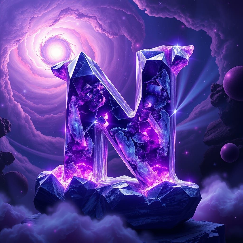 Amethyst Letter N with Nebulae in Surrealist Style
