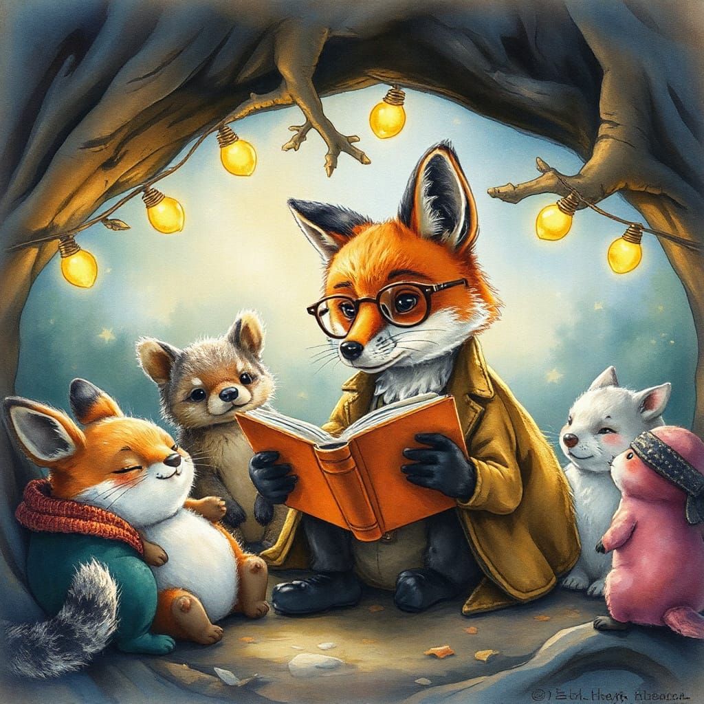 Fox Reading to Woodland Critters in Watercolor