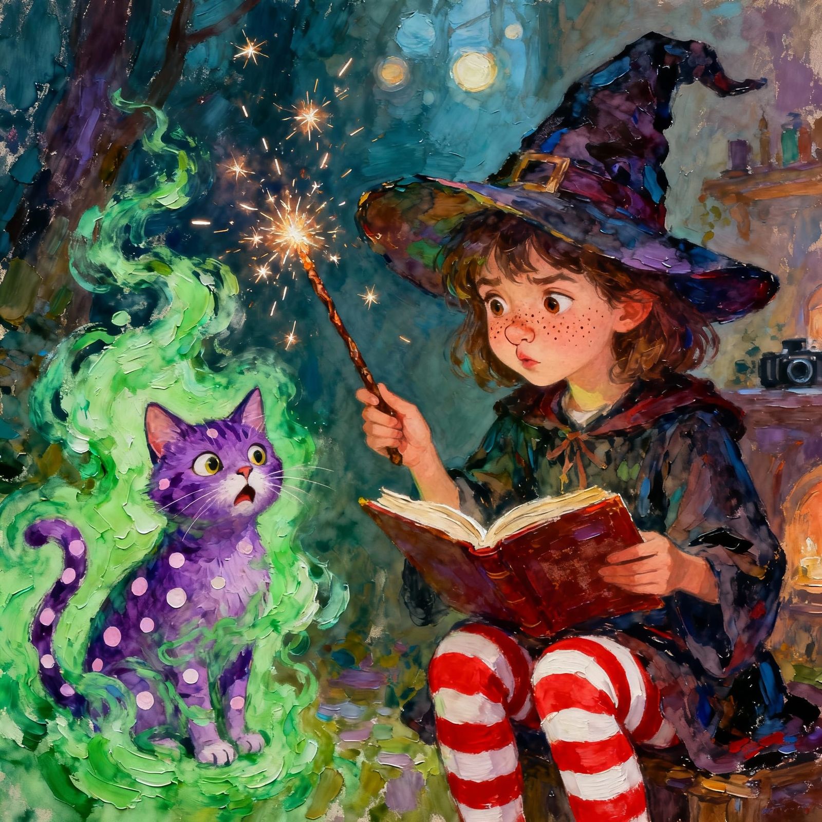 Cute Witch's Spell Goes Wrong, Cat Turns Purple