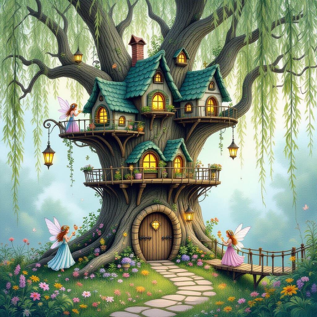 Whimsical Fairy Village in Ancient Willow Tree