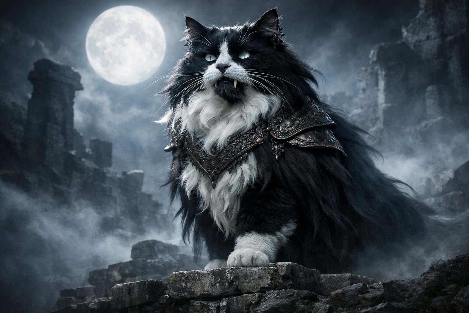 Mystical Ogre Cat Creature in Moonlight Ruins