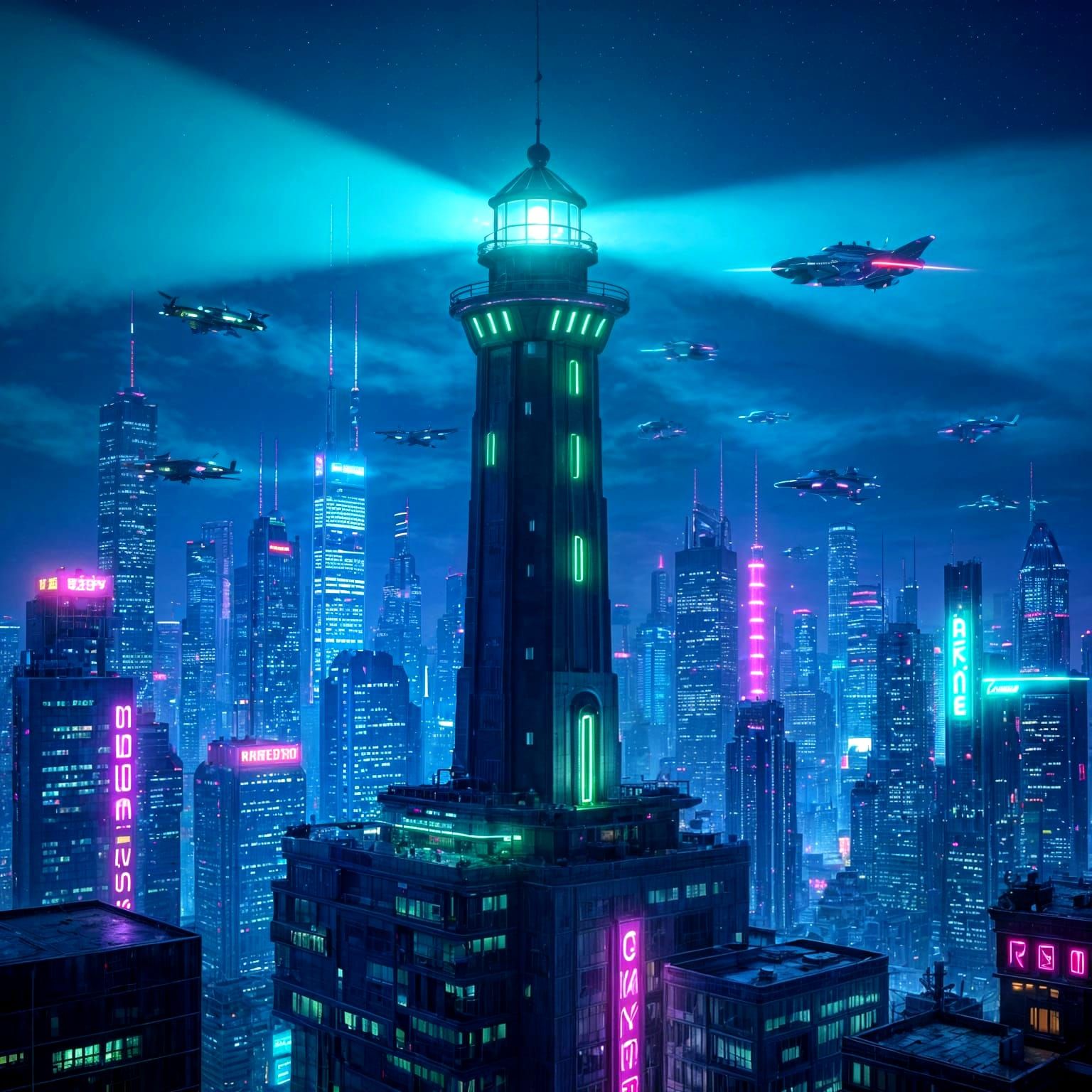 Futuristic Lighthouse in Cyberpunk Metropolis