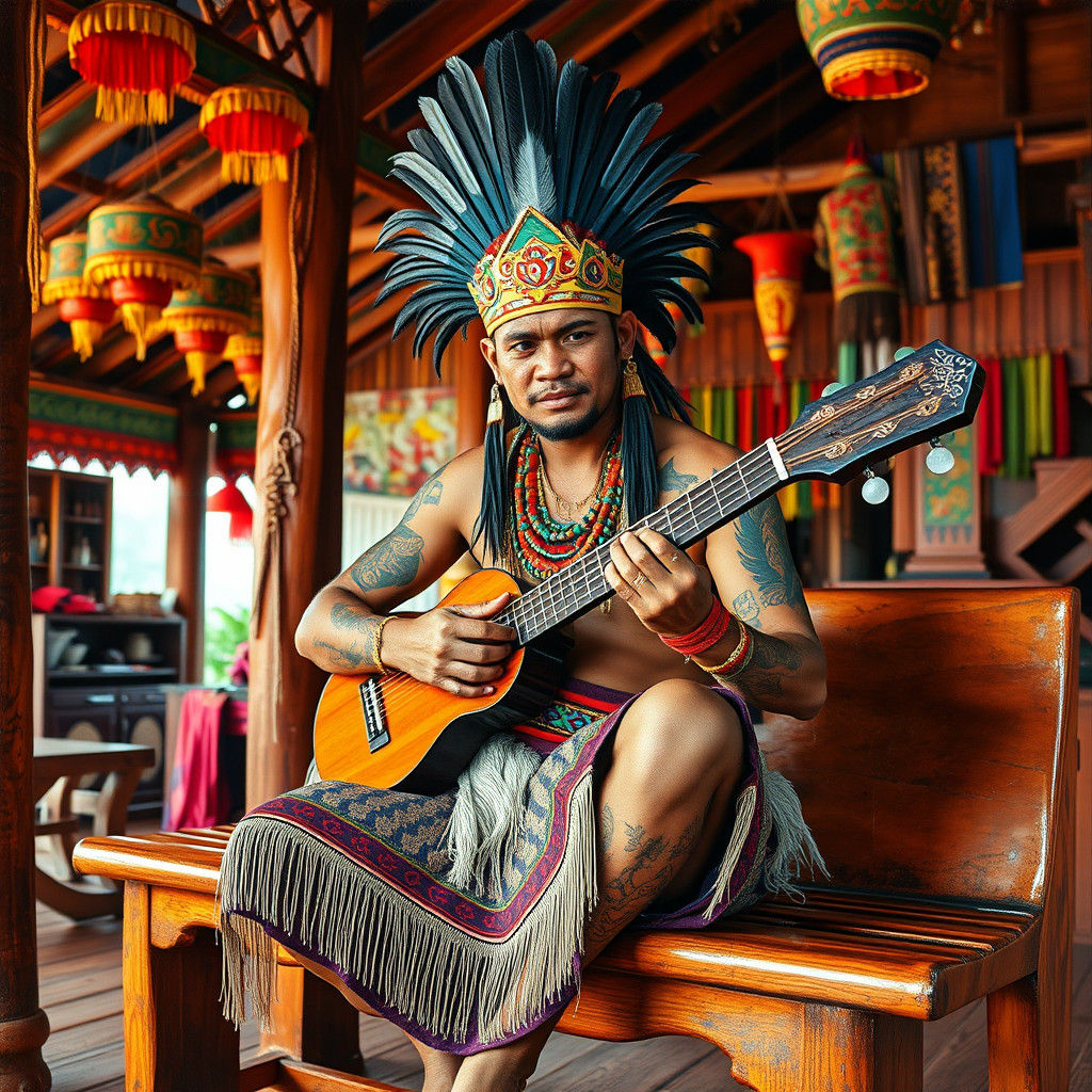 Iban Warrior Plays Sapeh in Graffiti Art Style