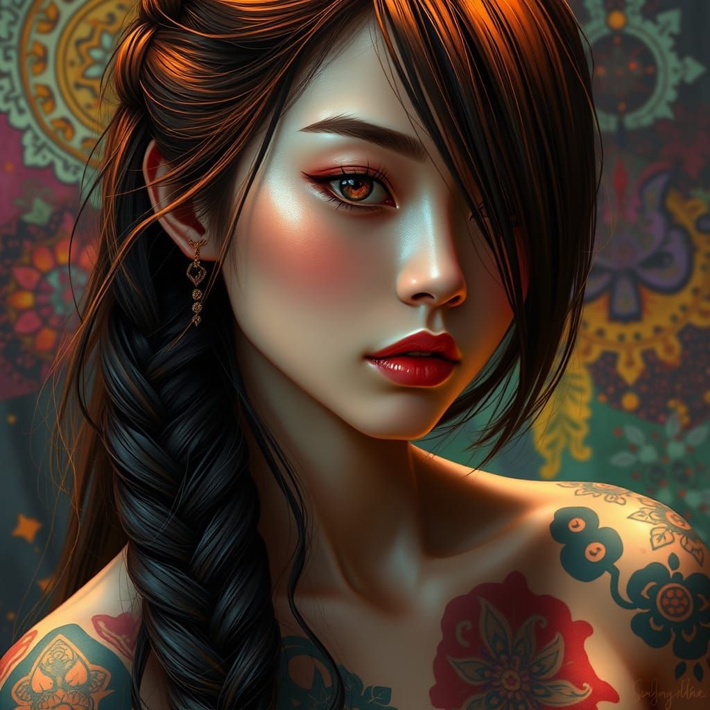 Portrait of a Girl with Green Tattoo in Hyperrealistic Style