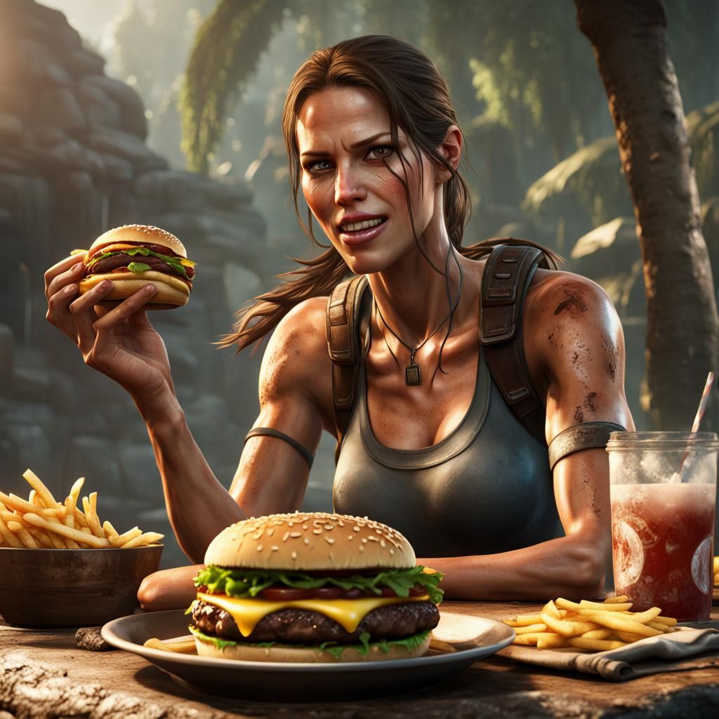 Lara Croft Enjoys a Cheeseburger