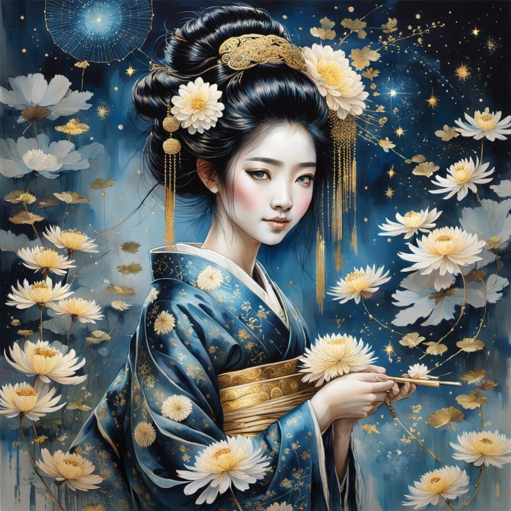 Japanese Geisha in Elegant Hikizuri Robe with Golden Motifs