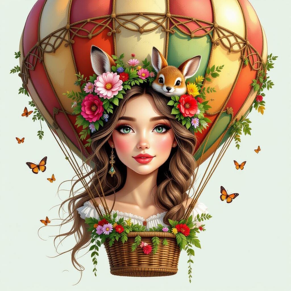 Hot Air Balloon Woman with Woodland Creatures in Mixed Media