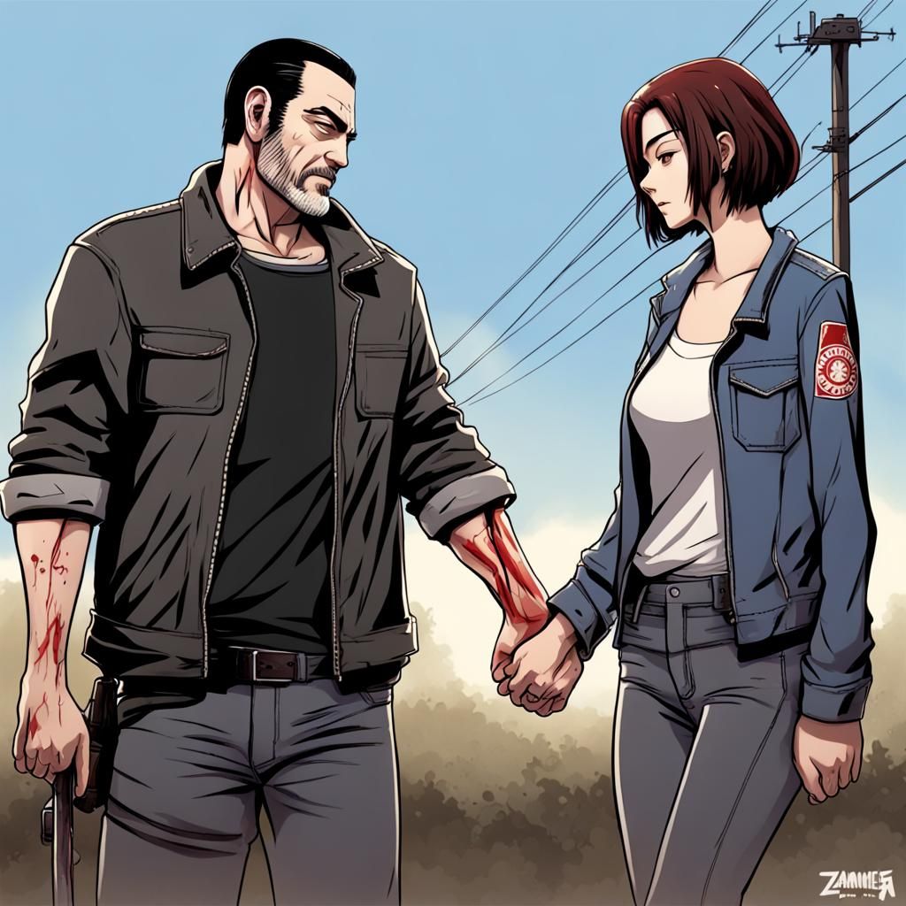 Negan and Maggie Holding Hands in Anime Style